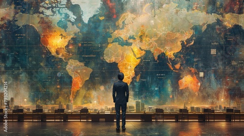 Man Contemplating World Map Art Installation