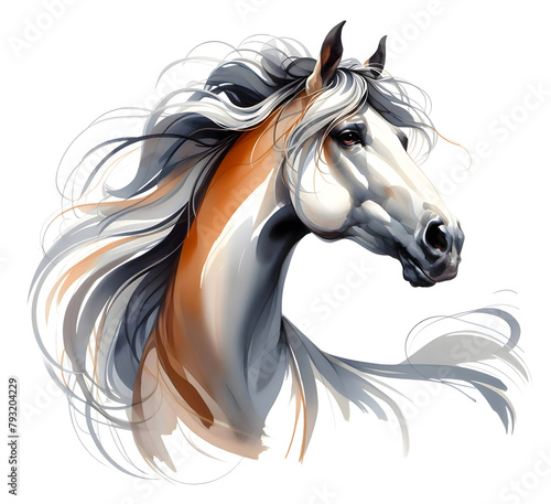 Horse. A white horse. Horse head. Mare. Portrait. Watercolor. Isolated illustration on a white background. Banner. Close-up