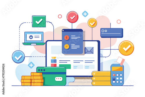 A laptop displaying a check mark symbol, accompanied by a calculator for financial calculations, make a payment, Simple and minimalist flat Vector Illustration