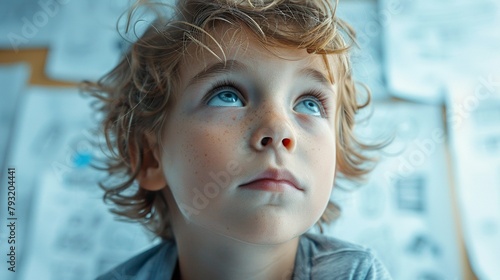 Close-up of a boy's face looking up imagining and dreaming about the future. A confident boy with positive thinking looking up.