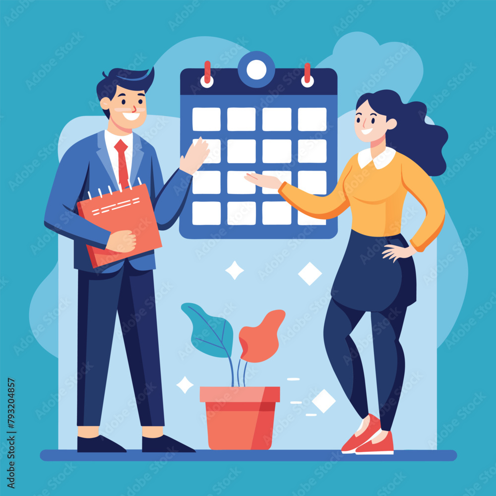 Man and Woman Organizing Calendar, Male and female characters are arranging a schedule for a business, Simple and minimalist flat Vector Illustration Man and Woman Organizing Calendar, Male and female characters are arranging a schedule for a business, Simple and minimalist flat Vector Illustration