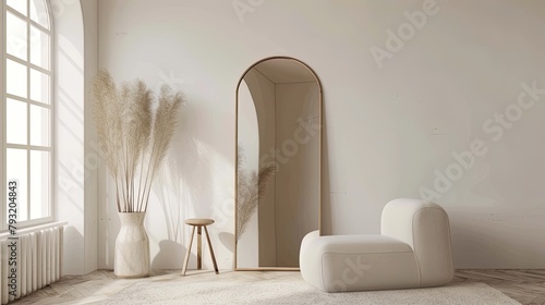 a mid-modern light room with a captivating photograph showcasing an arched full-length mirror, reflecting the chic ambiance.