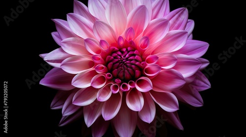 This image features a soft pink dahlia against a contrasting dark background, accentuating its perfect symmetry and natural beauty