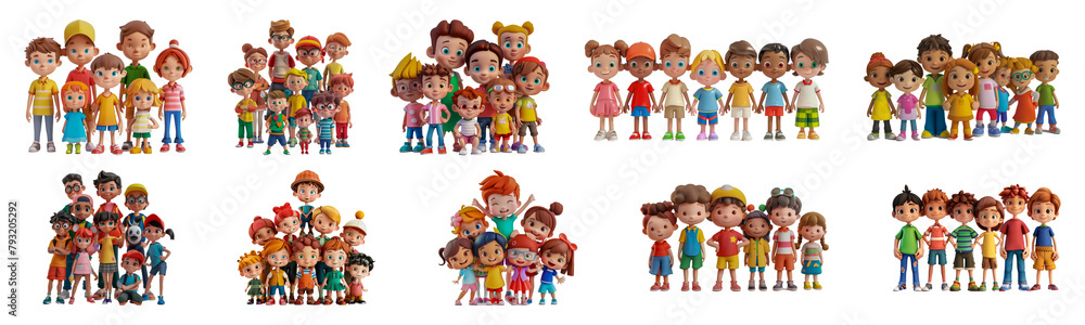 Diverse group of animated children characters cut out png on transparent background