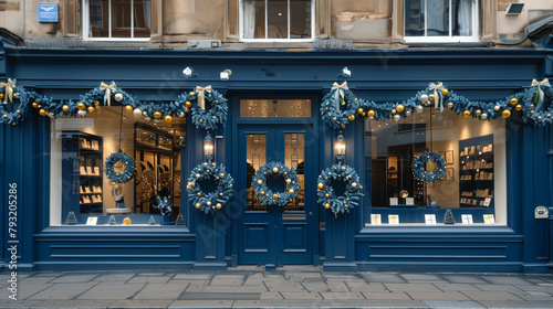  A blue storefront, adorned with wreaths and lit by Christmas decorations on the facade and flanking side photo
