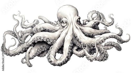 A meticulously hand-drawn octopus with immense detail, showcasing each tentacle and suction cup in black and white