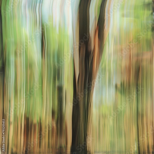 A tree abstracted into vertical  blurred lines of green and brown shades. 