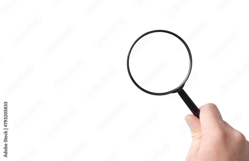 lens, black magnifying glass in hand in hand on a isolated background close-up lens, black magnifying glass in hand in hand on a isolated background close-up