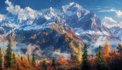 Vibrant colors in high-quality sunny day panoramic mountain autumn landscape photography