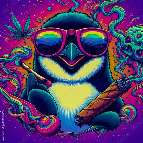 Digital art of a psychedelic cool penguin smiling smoking a blunt