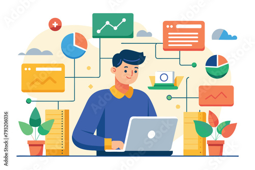 A man sitting in front of a laptop computer, focused on organizing data, Male character works to organize data, Simple and minimalist flat Vector Illustration