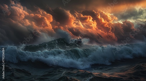 storm clouds gather above a turbulent ocean, where a lone boat battles the raging waters in a breathtaking display of resilience. photo
