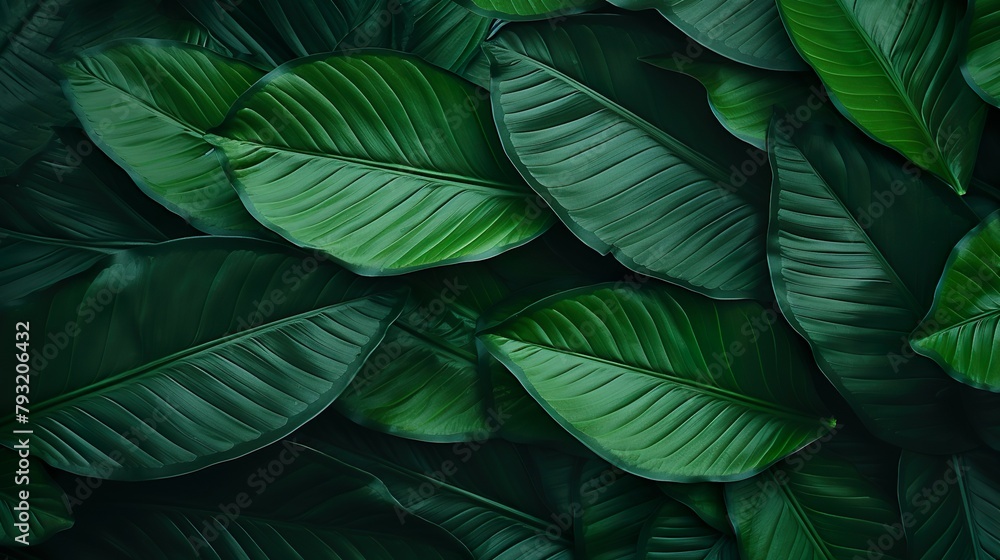 Lush green leaves forming a natural pattern, full frame texture for backgrounds or design elements