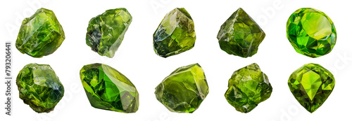 Brilliant cut and rough peridot gemstones cut out png on transparent background photo
