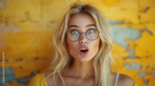 Woman wearing glasses making a surprised face