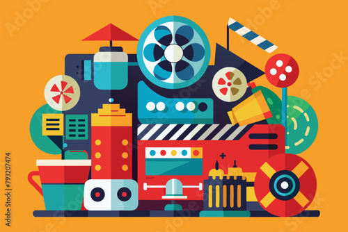 Various objects of different types arranged on a vibrant yellow background, Management film industry, Simple and minimalist flat Vector Illustration