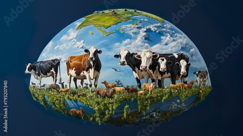 An imaginative representation of farm animals like cows and goats grazing on a globe with a clear blue sky background