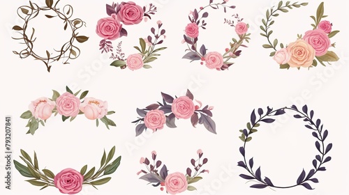 Collection of floral wreath designs featuring roses, leaves, and branches in soft pastel colors suitable for wedding invitations and greeting cards