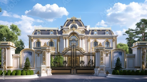 a modern European-style villa  a backdrop of clear blue skies and fluffy white clouds  with its immense size and resplendent golden accents  including a luxuriously adorned gate.