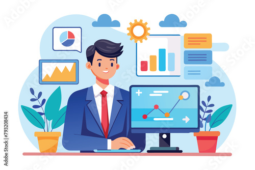 Manager Working at Desk With Computer, Manager controls business development on monitor screen, Simple and minimalist flat Vector Illustration