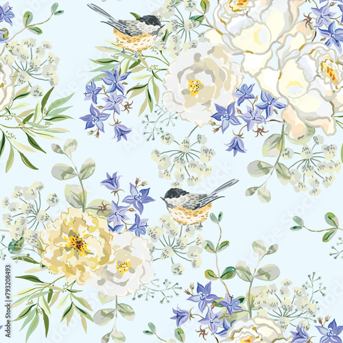 White roses, bell flowers, leaves, chickadee birds, light blue background. Floral illustration. Vector seamless pattern. Botanical design. Nature garden plants. Summer bouquets 