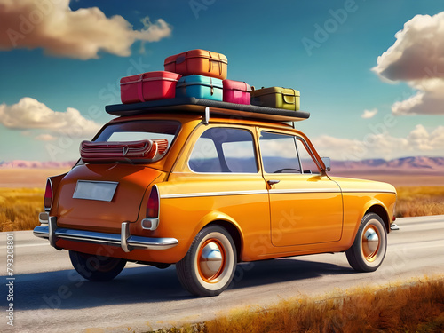 Car with luggage on the roof ready for summer vacation 