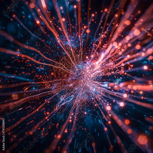 Abstract tech fireworks with digital sparks and neon explosions.