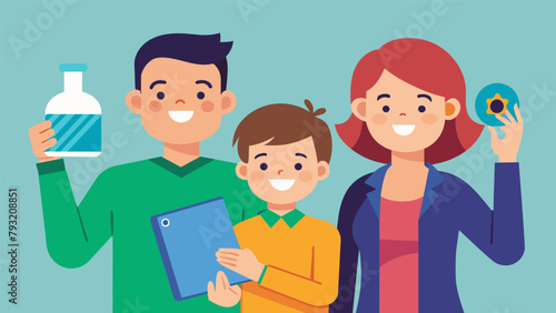 A family takes a group photo with their child holding up their first completed science experiment notebook documenting their journey of