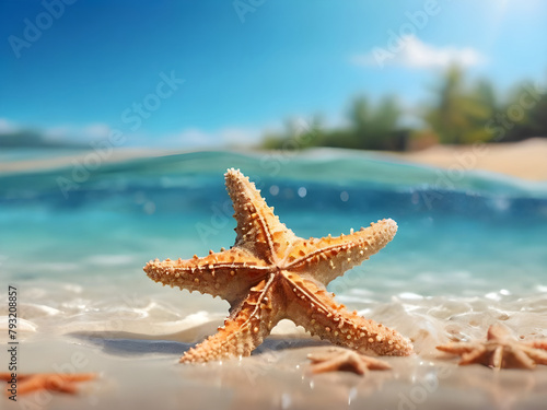 Holiday - sand beach and starfish in front of summer sea background with copy space