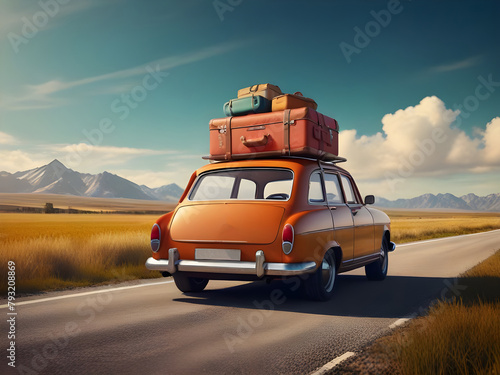 Car with luggage on the roof ready for summer vacation 