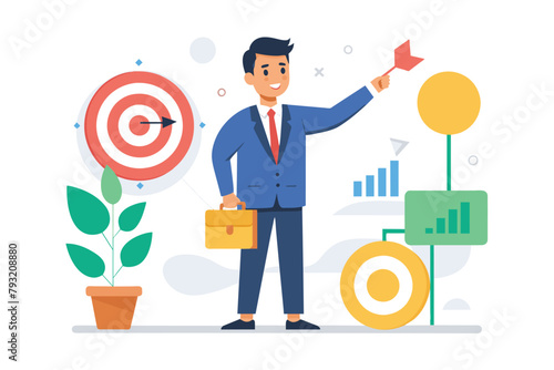 A man holding a briefcase and pointing at a target, explaining business goals and strategies, Manager explains business target, Simple and minimalist flat Vector Illustration