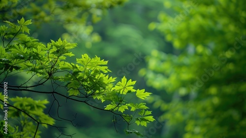 A vibrant green branch stands out against a lush green backdrop of nature