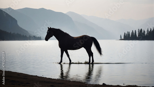 Dark Outline of a Horse Against the Lake Shore