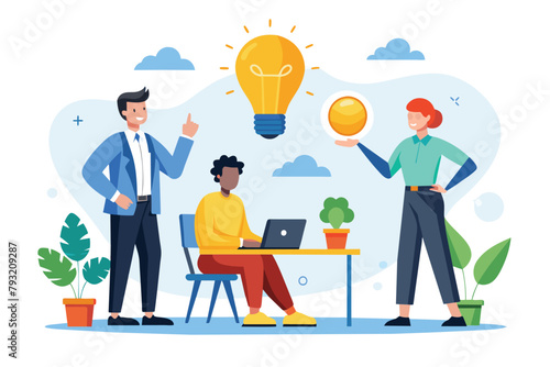 Managers are giving ideas to employees around a table with a laptop, Managers give ideas to employee, Simple and minimalist flat Vector Illustration