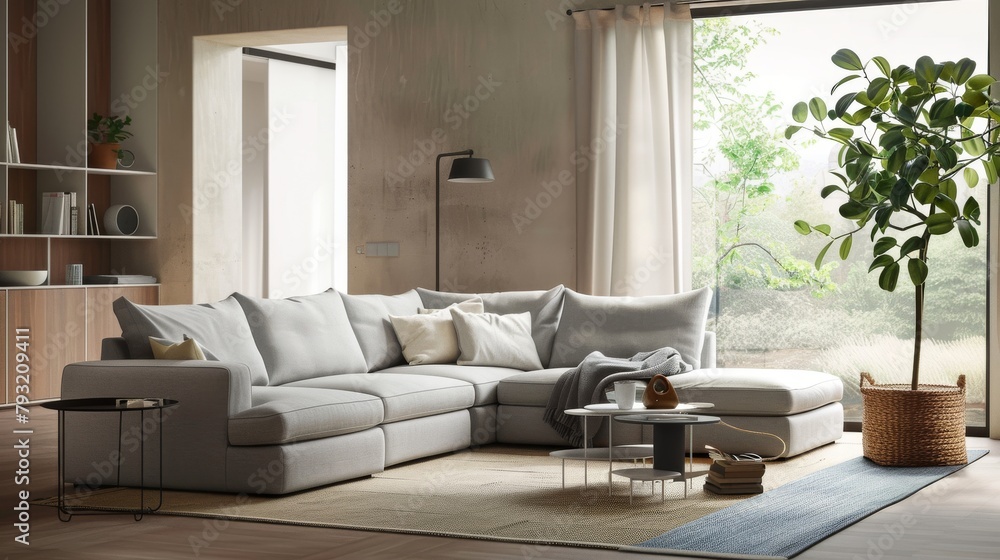 Stylish modern living room with neutral tones and elegant decor Stylish modern living room with neutral tones and elegant decor