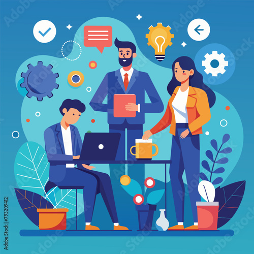 Managers working together around a table, focused on their laptops in a collaborative project meeting, Managers working on project together, Simple and minimalist flat Vector Illustration