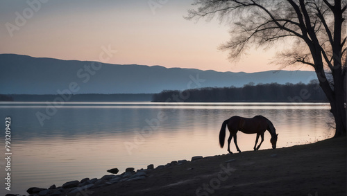 Dark Outline of a Horse Against the Lake Shore © xKas