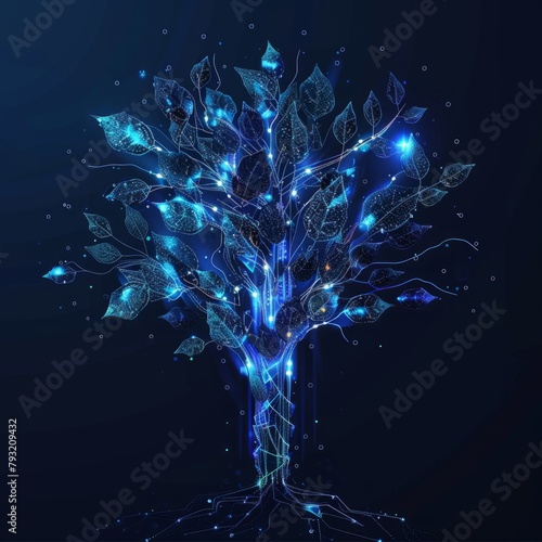 Abstract technological tree with digital leaves and glowing branches. 