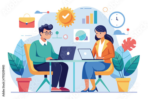 A man and woman sit at a table, focusing on a laptop screen, collaborating on a project together, Managers working on project together, Simple and minimalist flat Vector Illustration