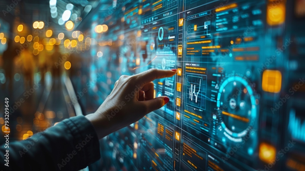A person touching a digital screen with their finger, AI A person touching a digital screen with their finger, AI