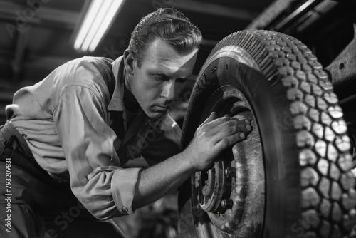 Technician examining tire sidewall for damage. photo