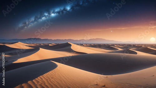 Desert Landscape with Sand Dunes and Calm Gradient Starry Sky. Scenic Modern Wallpaper.