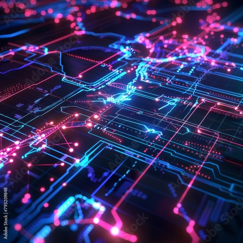 A colorful image of a circuit board with many lines and dots