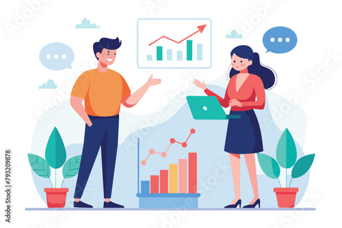 A man and a woman are standing together, analyzing stocks on a chart in a business setting, man and woman are discussing stocks, Simple and minimalist flat Vector Illustration