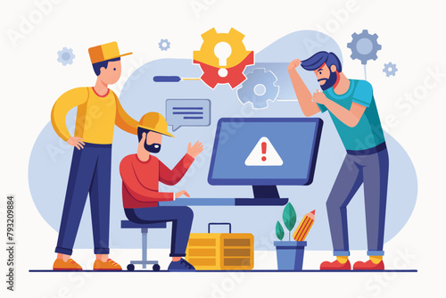 A diverse group of individuals observing a man and a handyman fixing a computer error, man and handyman fixing computer error, Simple and minimalist flat Vector Illustration