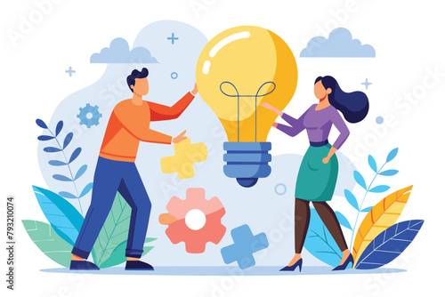 A man and a woman are holding a light bulb together, Man and woman connecting light bulb puzzle, finding ideas solving problems, Simple and minimalist flat Vector Illustration