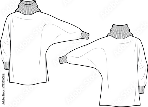Women's Turtle Neck, Batwing Jumper. Technical fashion illustration. Front and back, white color. Women's CAD mock-up.