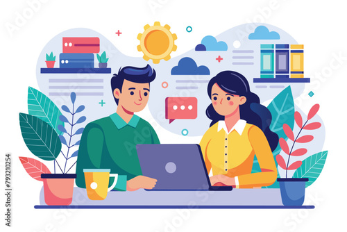 A man and woman are sitting at a table working together on a laptop, Man and woman doing business work as a team, Simple and minimalist flat Vector Illustration