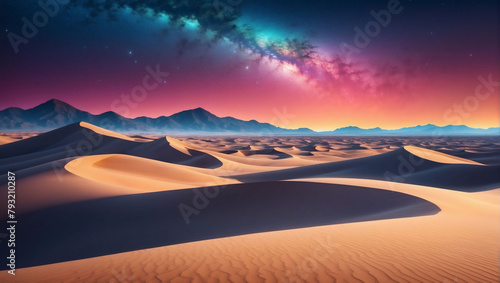 Desert Landscape with Sand Dunes and Vibrant Gradient Starry Sky. Scenic Modern Wallpaper.
