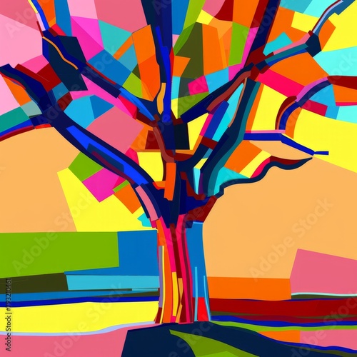 A colorful tree is the main subject of this painting